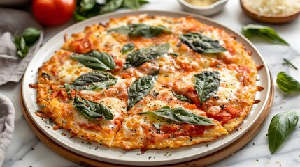 A simple yet elegant Margherita pizza, perfectly balanced with fresh basil leaves, vibrant tomato sauce, and creamy mozzarella, on a white plate.
