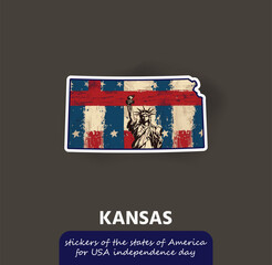 Show your Kansas pride with this vintage-style sticker featuring the state's outline, the American flag, and the iconic Statue of Liberty!