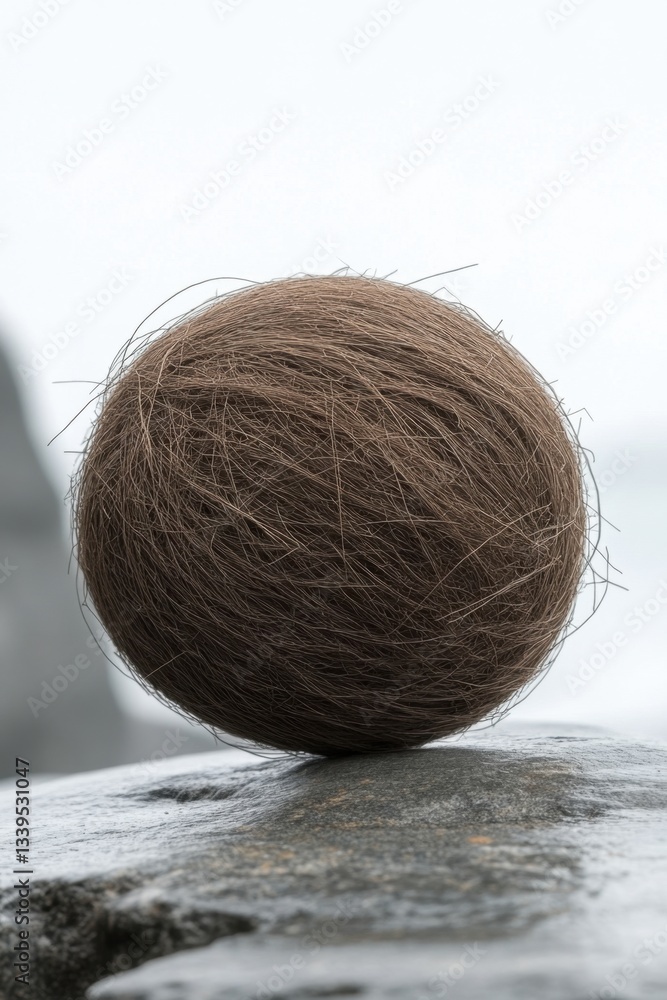Aufkleber textured sphere of natural brown fibers resting on a smooth gray stone with a soft diffused light cr
