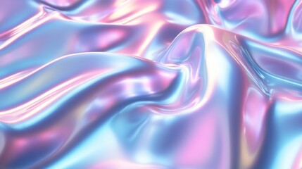 3D render of an abstract background with iridescent holographic waves and wavy lines, a liquid metal texture