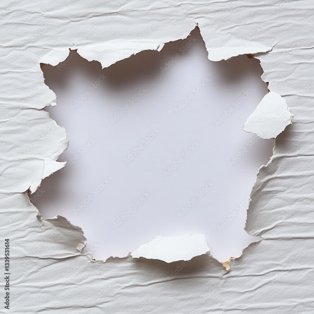 Poster ripped white paper texture with a central hole providing a blank canvas for creative design and mess