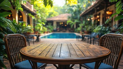 Obraz premium Wooden table with wicker chairs by a pool. Perfect for showcasing products, food, or drinks in a relaxing resort setting.