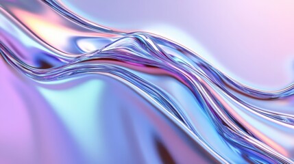 3D render of an abstract background with iridescent holographic waves and wavy lines, a liquid metal texture
