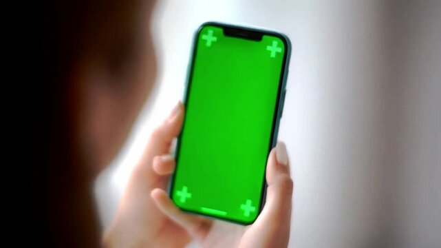Hand holding smartphone green screen mockup, mobile phone chroma key display template close up, blank screen device for business app design, digital advertising concept, modern technology gadget indoo
