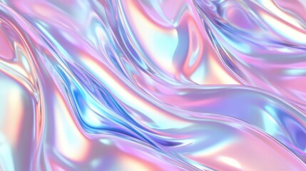 Obraz premium 3D render of an abstract background with iridescent holographic waves and wavy lines, a liquid metal texture