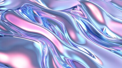 3D render of an abstract background with iridescent holographic waves and wavy lines, a liquid metal texture