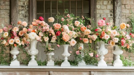 Fototapeta premium Elegant peach and pink roses in ornate urns. Perfect for wedding, romance, or floral design themes.