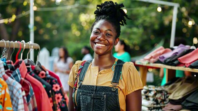 Cheerful young African American woman with natural curly hair smiling at an outdoor flea market with clothing racks in the background. Swap party, sustainable fashion and joyful shopping experience