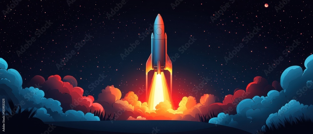 Poster rocket launch into the starry sky with vibrant clouds and cosmic dust in a colorful space exploratio