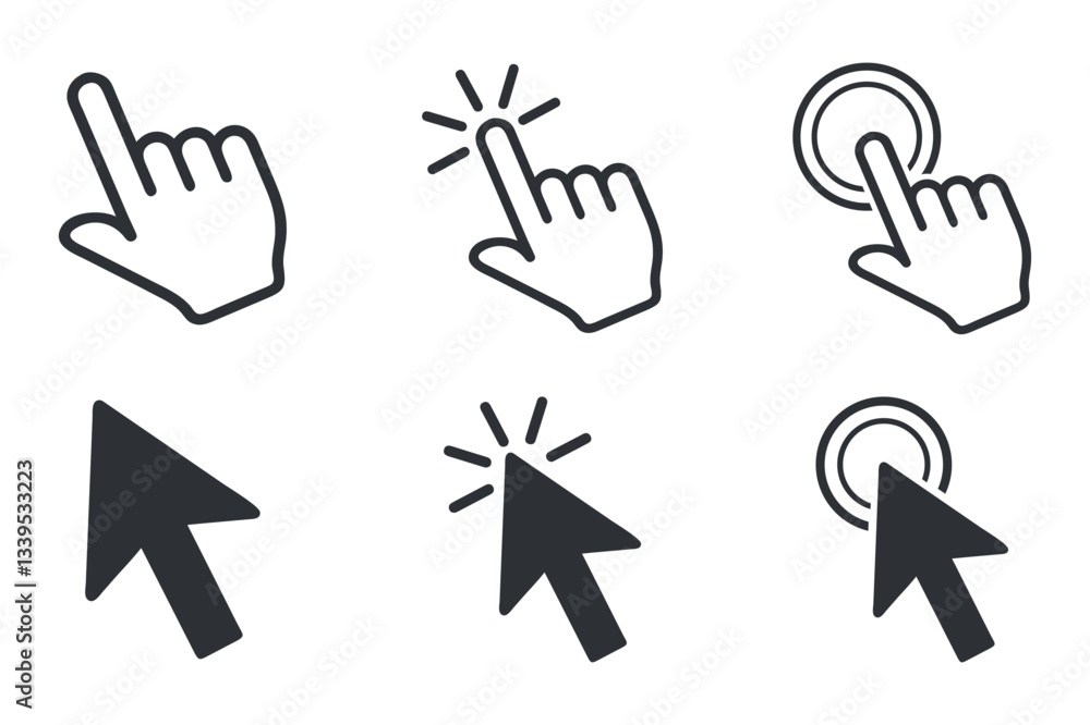 Poster set of hand and mouse pointer icons with clicking effects, representing interaction and user input i