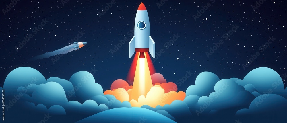 Poster rocket launch into starry sky with clouds below a vibrant illustration of space exploration and tech