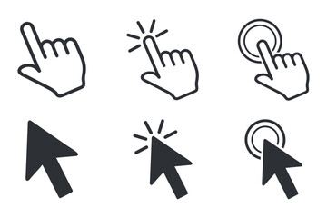 Set of Hand and Mouse Pointer Icons with Clicking Effects, Representing Interaction and User Input in Digital Interfaces