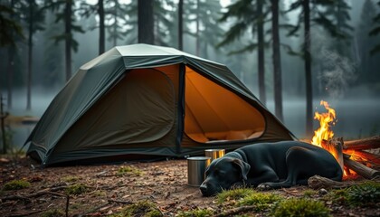 A serene mountain forest scene with a tranquil lake in the foreground