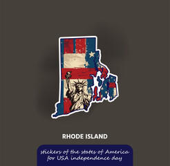 Show your Rhode Island pride with this vintage-style sticker featuring the state's outline, the American flag, and the iconic Statue of Liberty!
