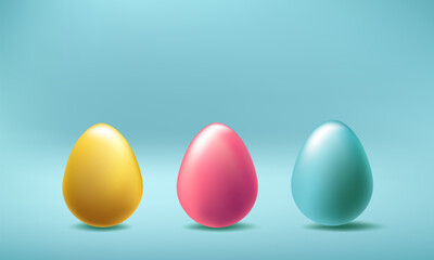 Easter egg hunt 3d vector illustration. Happy april greeting card, 3 pink, blue, golden chocolates. Spring day gift, realistic design on blue background. Modern pastel color holiday render poster