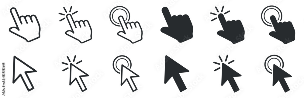 Poster set of hand and mouse pointer icons with click effect, representing digital interaction, website act