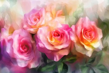 Obraz premium Digital watercolor painting of pink and yellow roses with soft, dreamy hues. The artistic floral composition creates a romantic and delicate aesthetic