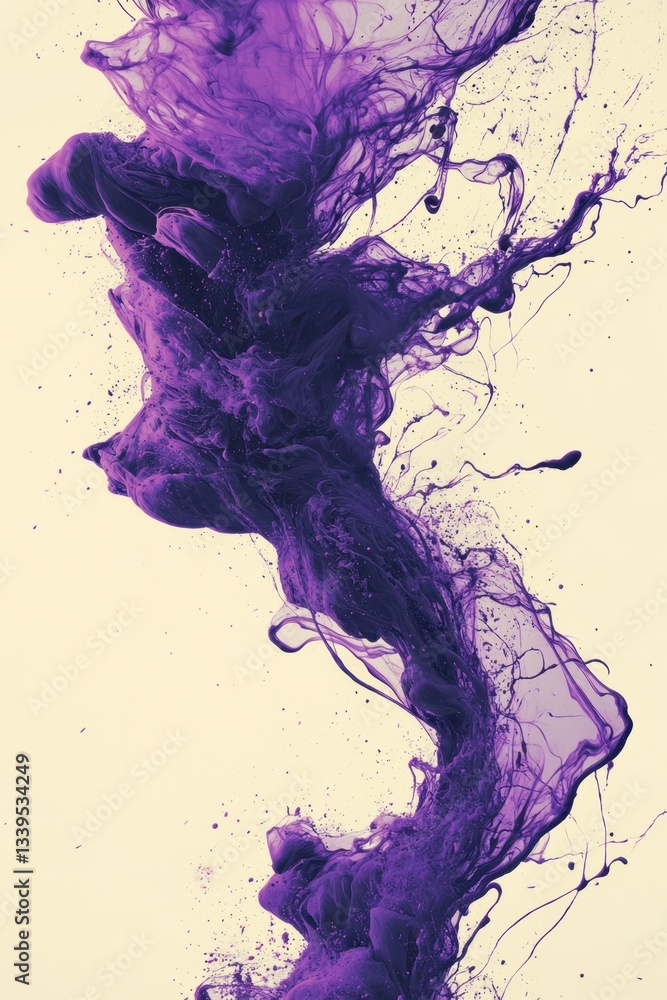 Poster abstract purple ink cloud swirling in liquid depth creating ethereal smoke effect on light backgroun