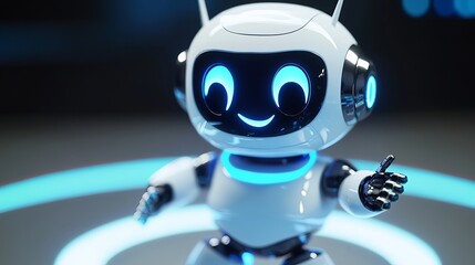 A cute smiling robot welcomes you Symbol of AI services Friendly robotic character Chatbot communication assistant Futuristic mascot