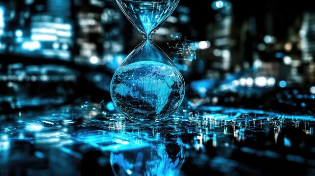 A close-up of a futuristic hourglass with digital Earth projections, counting down time for sustainability.