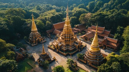 A view of a temple with three golden pagodas