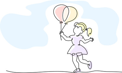 Girl with the balloons, birthday greeting card, Continuous one line drawing,