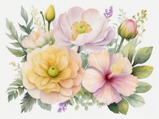A Delicate Watercolor Bouquet Of Pastel Blossoms, Showcasing Soft Hibiscus, Ranunculus, And Anemones In A Tranquil Garden Setting