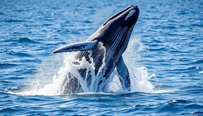 Fototapeta premium Majestic Humpback Whale Breaching in Ocean Waters, A Breathtaking Display of Power and Grace