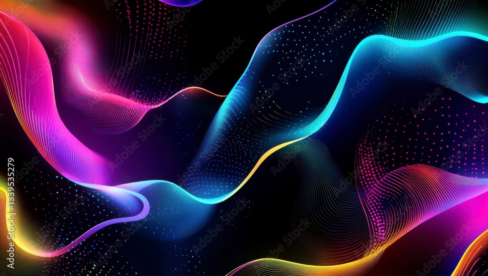 Poster abstract background with colorful, glowing neon waves and dots on a black background