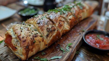 A Stromboli served with a side of marinara sauce, garnished with fresh basil, and plated on a rustic wooden board.