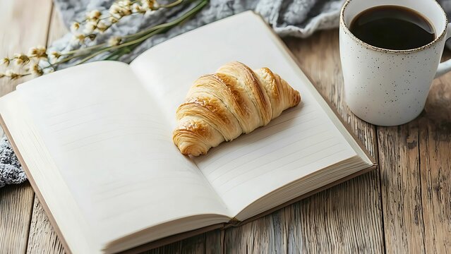 a book, croissant, and a coffee cup are on the table.