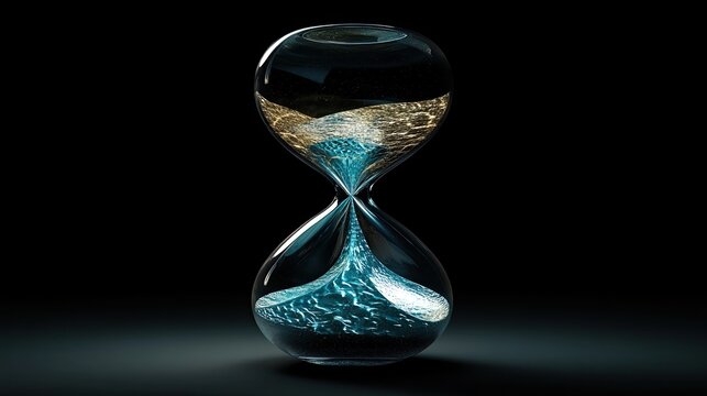 A digital artwork featuring an hourglass where the oceans in the top half dry up as time progresses.