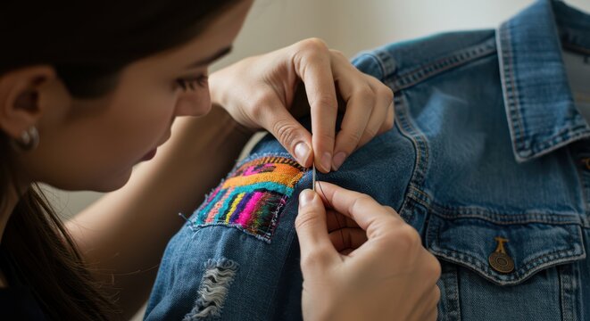 Woman Sewing Colorful Patch Onto Denim Jacket Sleeve Repair Project - Powered by Adobe