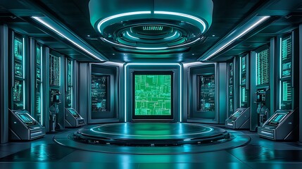Futuristic server room with rotating platform and green digital displays.