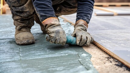 A worker in gloves and workwear lays tiles with a blue trowel on a gray surface with wooden boards in the background. Suitable for construction posters, home renovation guides, or trade advertising.