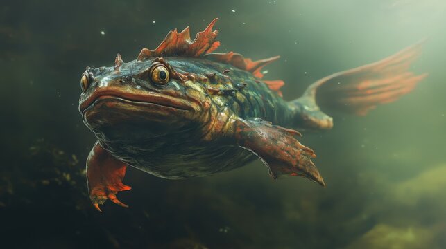 An imaginative fantastical creature swimming gracefully underwater in aquatic depths
