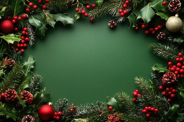 Festive frame of holly, pine, berries & cones on green background. Perfect for Christmas cards, invitations, or winter holiday designs.
