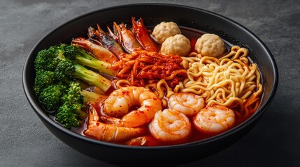 Spicy seafood noodle soup with vibrant ingredients and broth