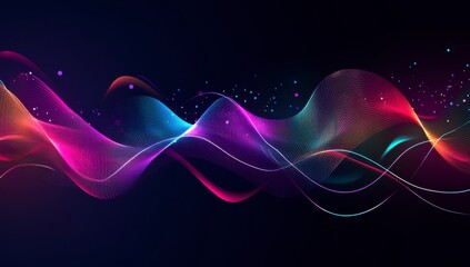 Obraz premium Abstract background with colorful, glowing neon waves and dots on a black background