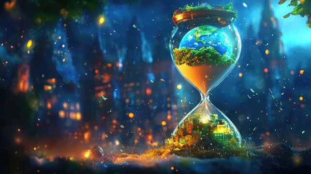 A futuristic hourglass where the top half contains a miniature Earth, slowly dissolving into sand as time passes.