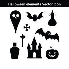Halloween Icon Set: Spooky collection of iconic Halloween elements, presented in a minimalist black-and-white design, perfect for seasonal decorations and creative projects.