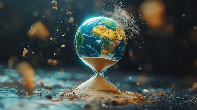 A futuristic hourglass with a holographic Earth inside, sand falling slowly, representing time running out for sustainability.
