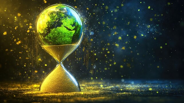 A futuristic hourglass with a vibrant green planet in the top chamber, gradually turning brown as sand pours down.