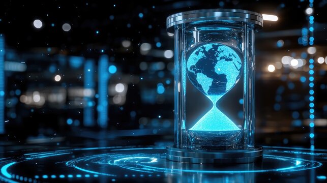 A futuristic hourglass with a holographic Earth inside, sand falling slowly, representing time running out for sustainability.