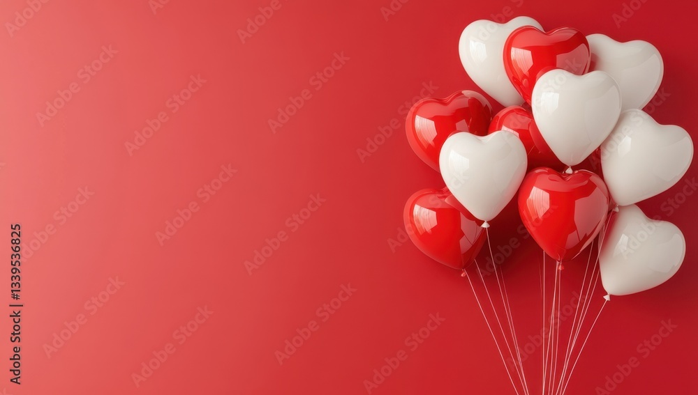 Poster 3d rendering of red and white balloons for a valentine's day celebration on a red background with co