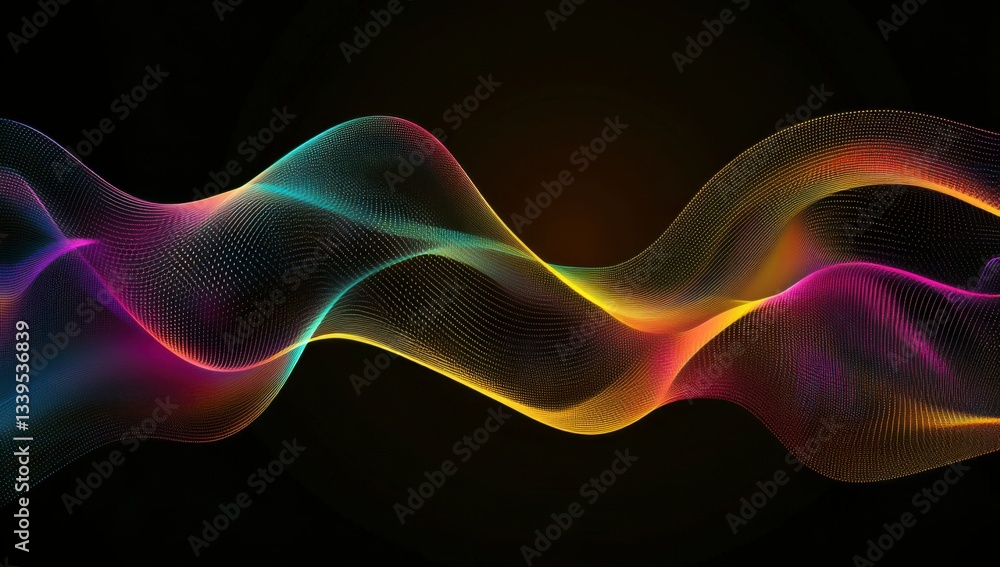 Poster abstract background with colorful, glowing neon waves and dots on a black background