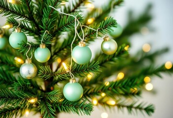 Obraz premium Miniature evergreen Christmas tree adorned with green pastel ornaments and white fairy lights, delicate and whimsical, christmas lights, evergreen
