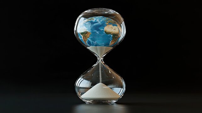 A glass hourglass with Earth as the upper chamber, with sand trickling down, symbolizing time running out for the planet.