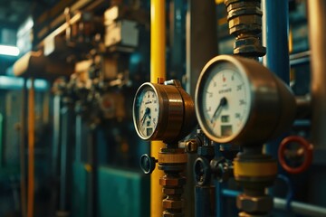 Two copper pressure gauges on blue and yellow pipes in an industrial setting with blurred equipment in the background. Ideal for engineering articles, industrial advertising, or technical manuals.