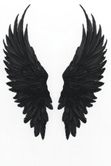 Naklejka premium Dramatic black wings against a pristine white backdrop evoking a sense of gothic elegance and fantasy with a minimalist style and high contrast lighting
